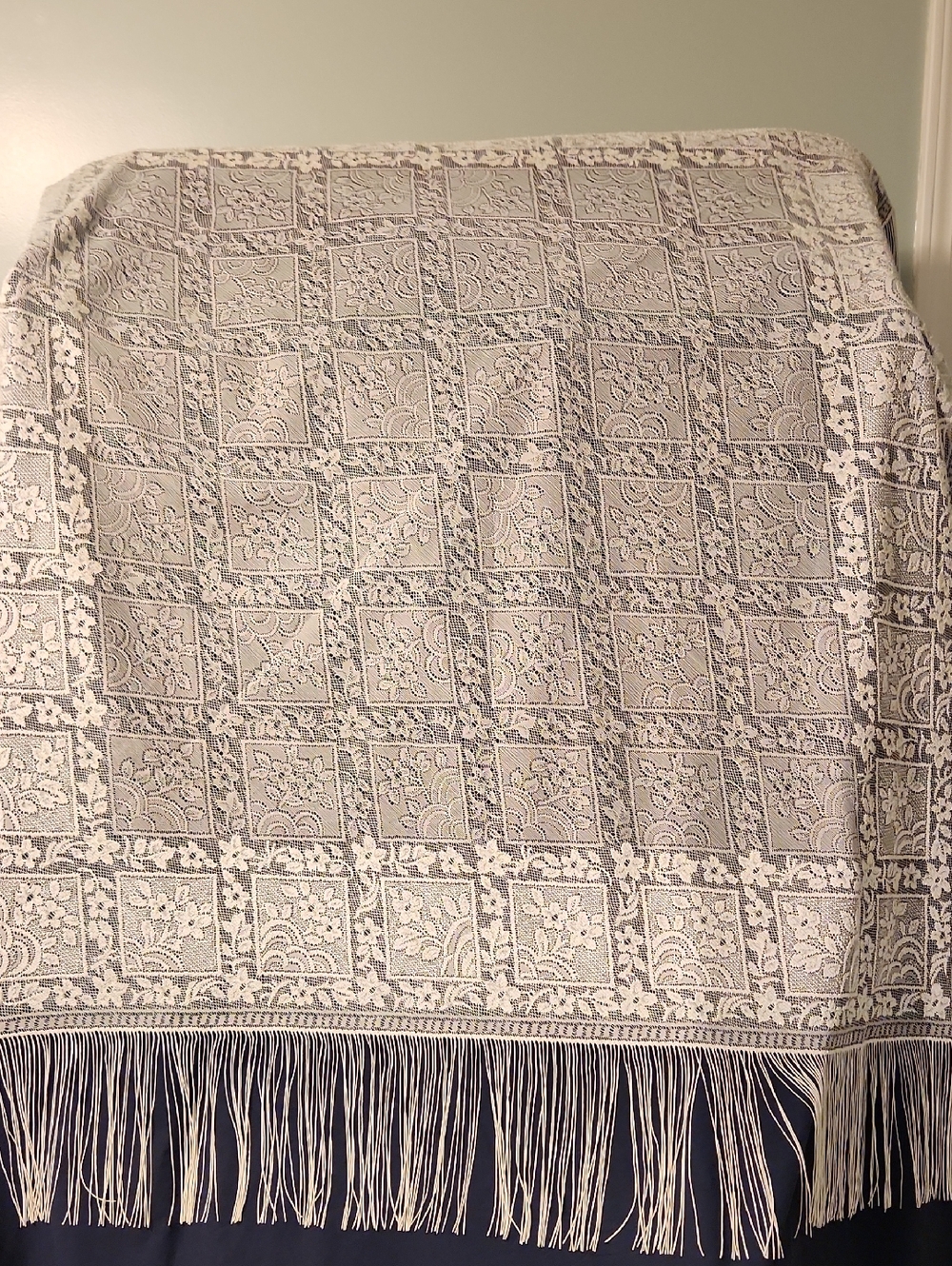Delicate Vintage Lace And Fringe Trimmed Tablecloth
